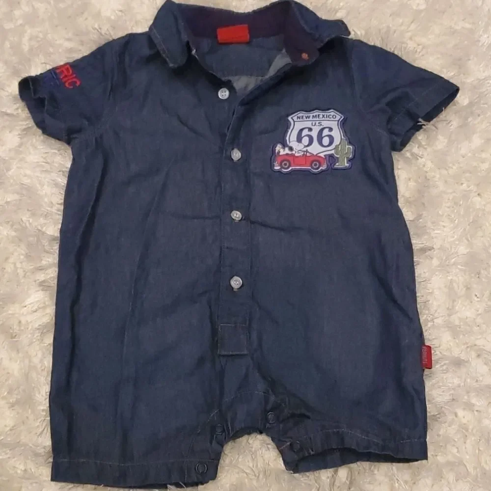 3-6 month boys denim collared onsie. Peanuts.